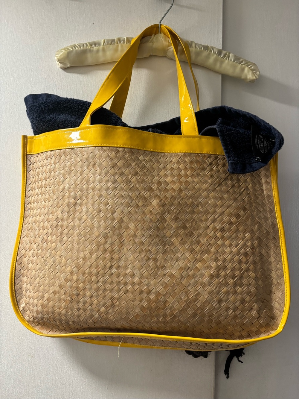 Woven Beach Tote Bag with Yellow Trim